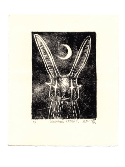 Celestial Rabbit Linocut Print